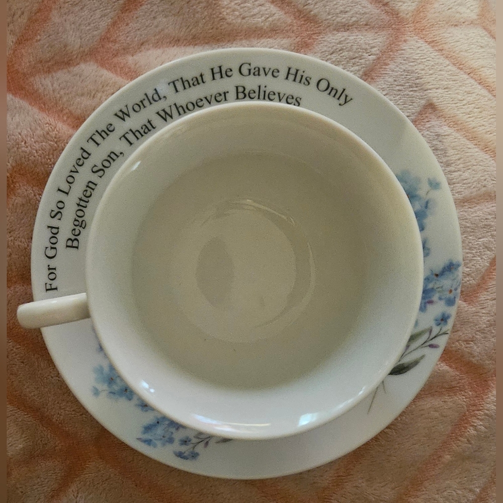 Rare 2pc Vintage Kent Pottery Blue White For God So Loved Cup & Saucer Set 12oz. - Picture 8 of 10